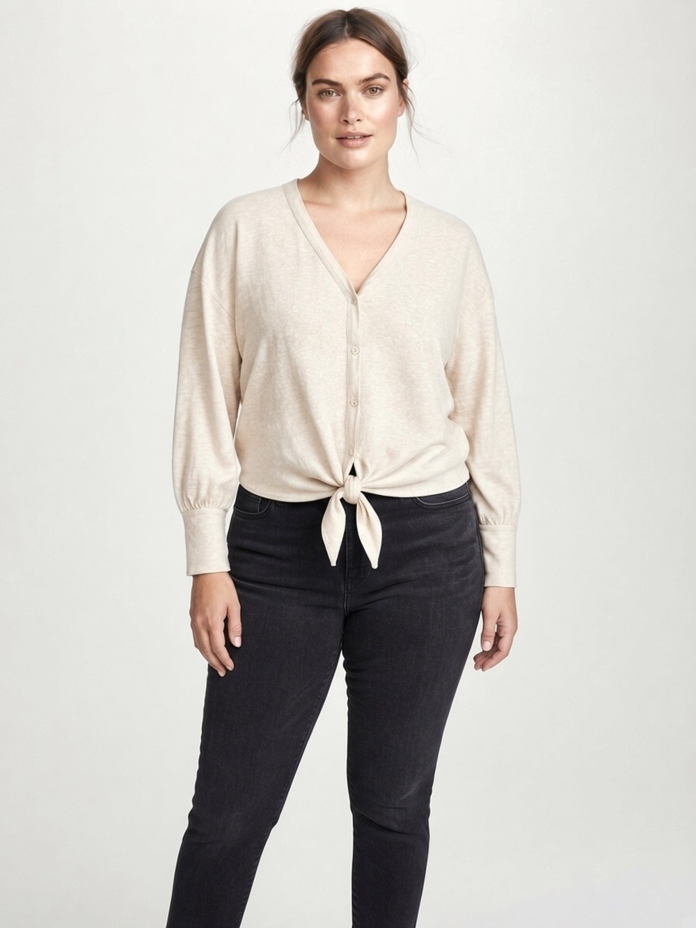 Reithmans Signature 2X Beige Linen Blend Tie Front Button Cardigan Top